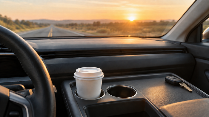 Coffee cup and car keys in a car console, with an open highway and sunrise ahead.