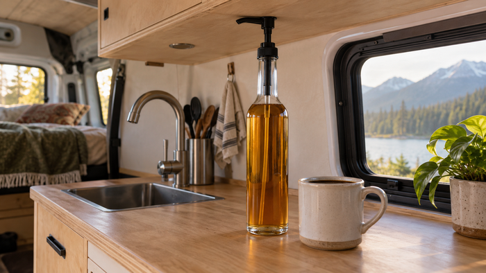 Coffee syrup pump bottle and mug of coffee on a camper van kitchen counter with a mountain view.