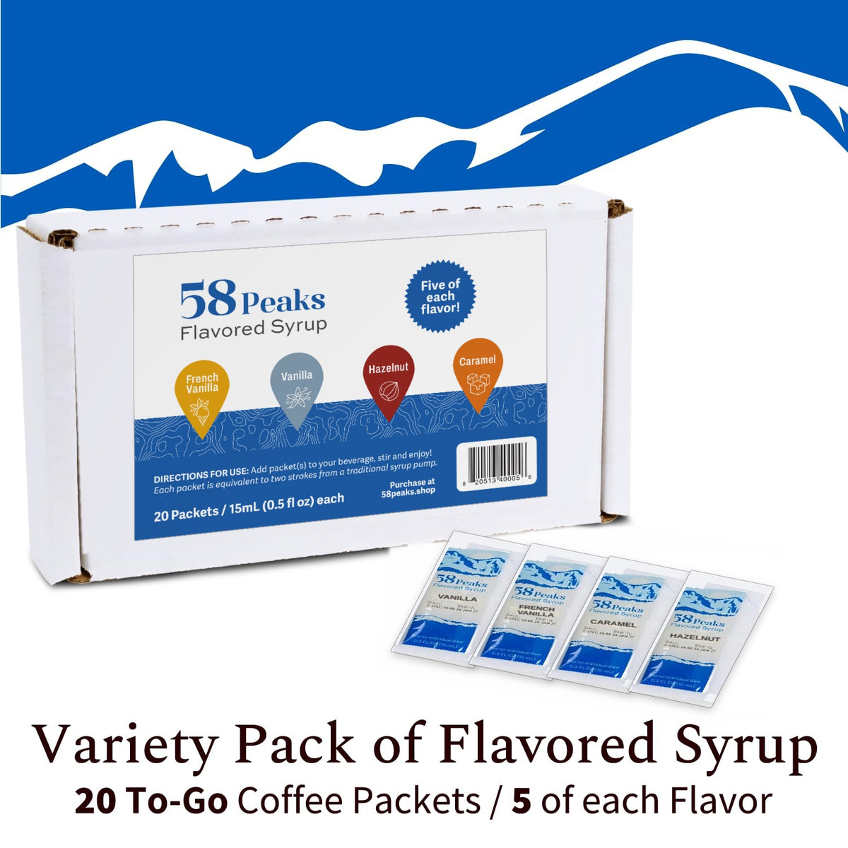 Coffee Syrup Variety Pack — 4 Flavors, 20 Packets | 58 Peaks
