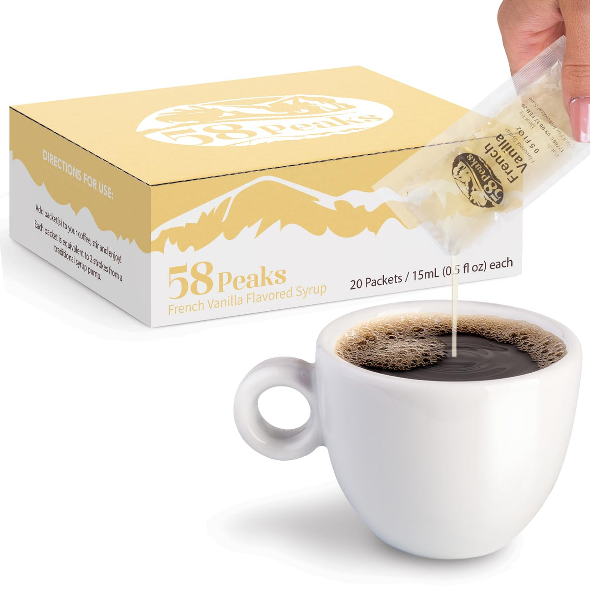 20 Count French Vanilla Syrup Packets for Coffee & Drinks, To-Go