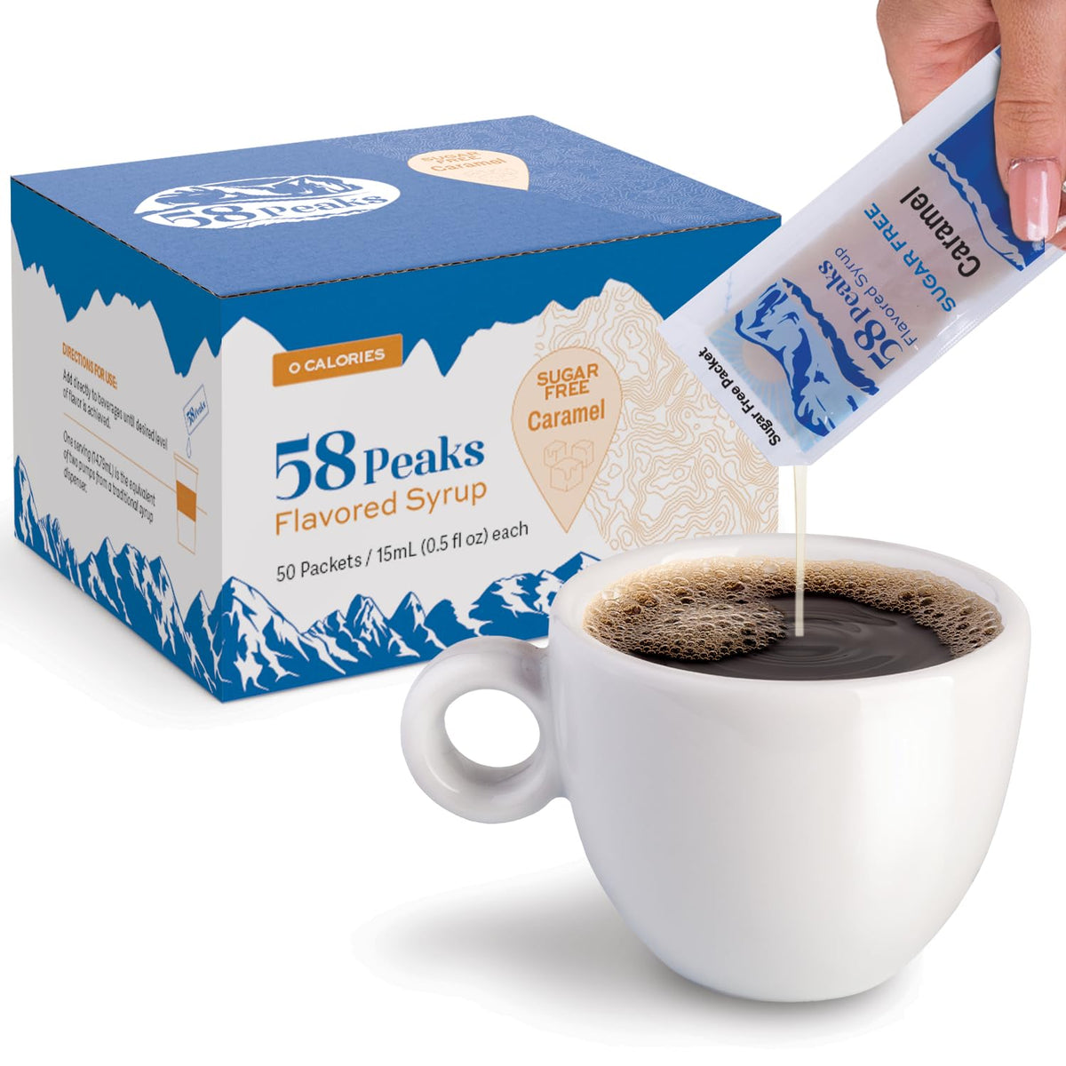 50 Count Sugar-Free Caramel Syrup Packets for Coffee & Drinks, To