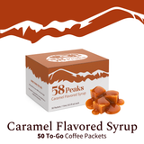 58Peaks Caramel Coffee Syrup Packets for Travel & Daily Coffee | TSA-Approved Single Serve Caramel Flavoring | Portable Café Syrup 15mL Packets | 50 Count