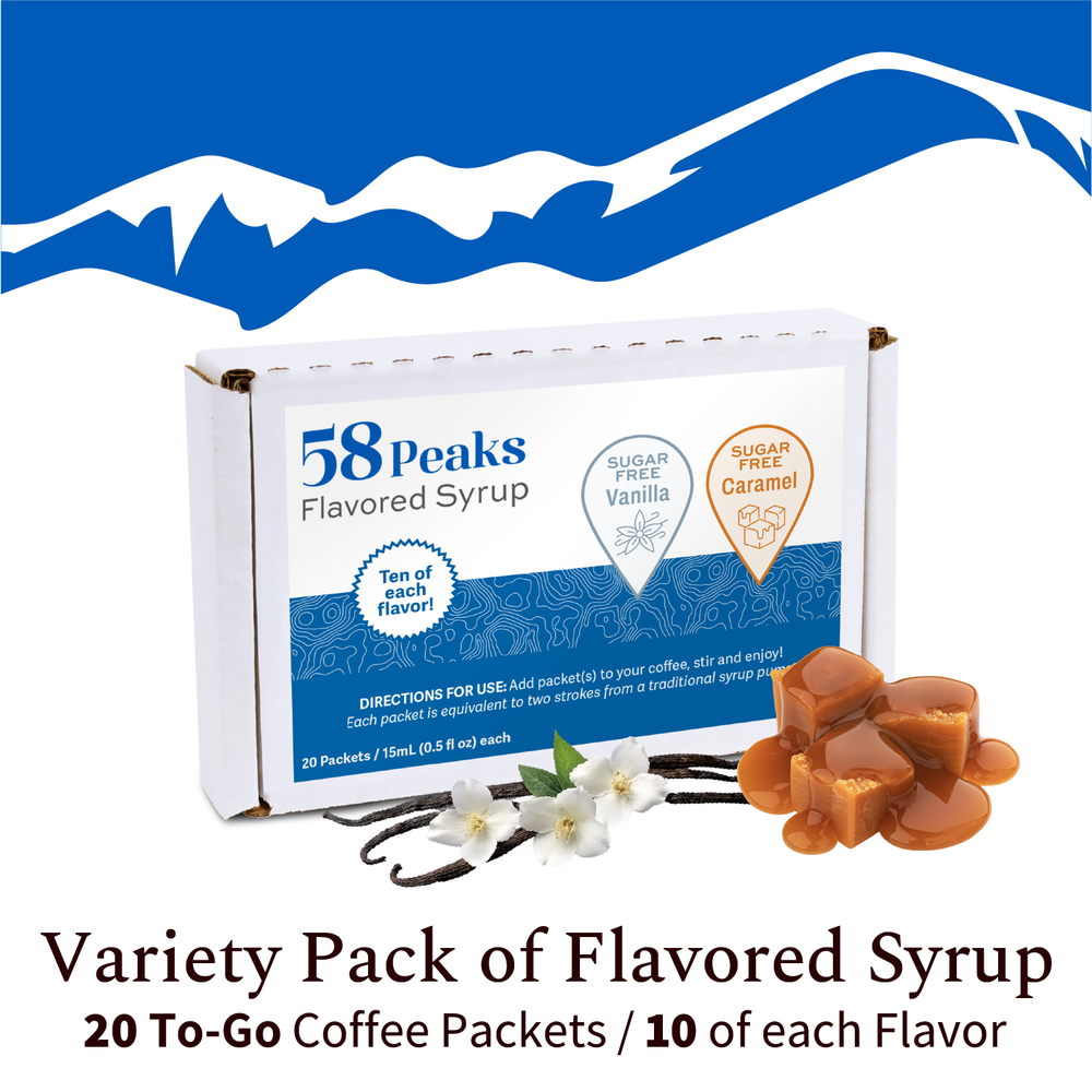 20 Count Sugar Free Variety Flavored Syrup Packets - Sugar Free Vanilla and Caramel for Coffee & Drinks, 15mL, 58Peaks