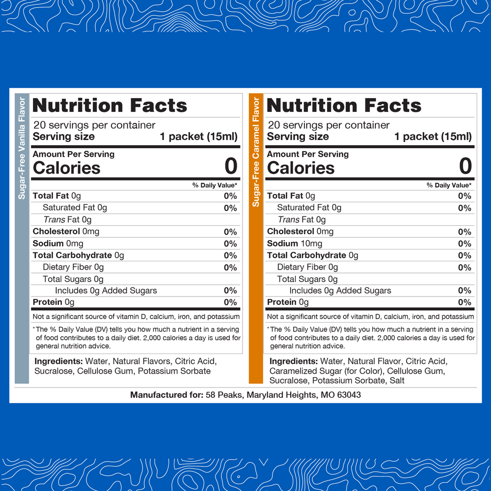 20 Count Sugar Free Variety Flavored Syrup Packets - Sugar Free Vanilla and Caramel for Coffee & Drinks, 15mL, 58Peaks
