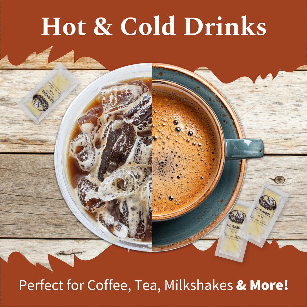 58Peaks Caramel Coffee Syrup Packets for Travel & Daily Coffee | TSA-Approved Single Serve Caramel Flavoring | Portable Café Syrup 15mL Packets | 50 Count