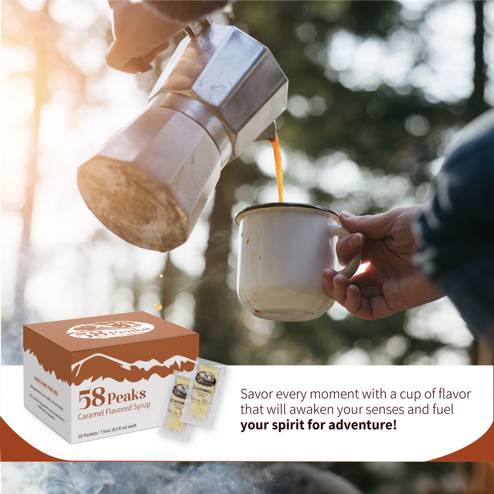 58Peaks Caramel Coffee Syrup Packets for Travel & Daily Coffee | TSA-Approved Single Serve Caramel Flavoring | Portable Café Syrup 15mL Packets | 50 Count