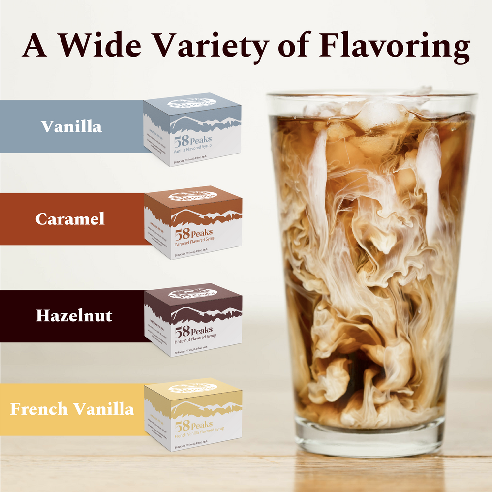 58Peaks Caramel Coffee Syrup Packets for Travel & Daily Coffee | TSA-Approved Single Serve Caramel Flavoring | Portable Café Syrup 15mL Packets | 50 Count
