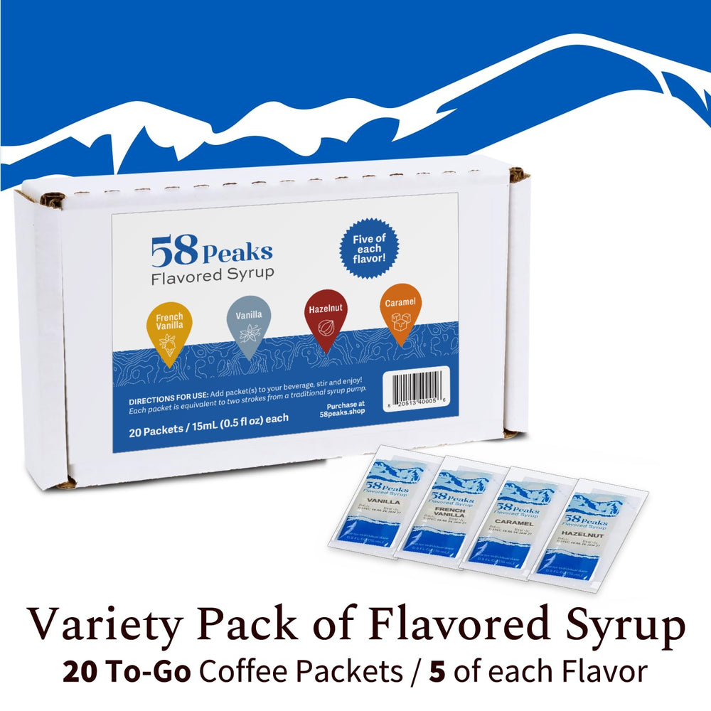 58 Peaks Variety Pack Coffee Syrup Packets — 20 Single-Serve, 4 Flavors
