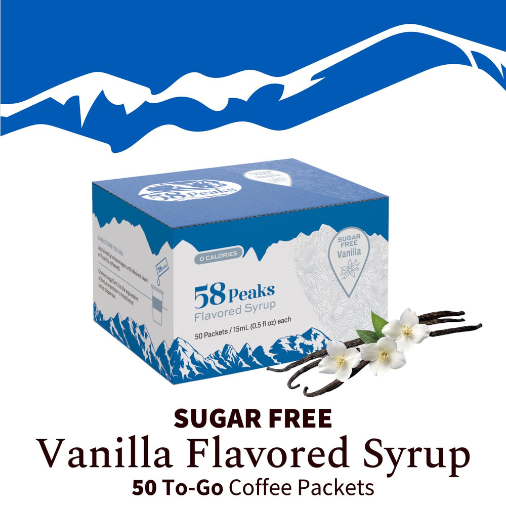 50 Count Sugar-Free Vanilla Syrup Packets for Coffee & Drinks, To-Go Single Serve, 15mL, 58Peaks