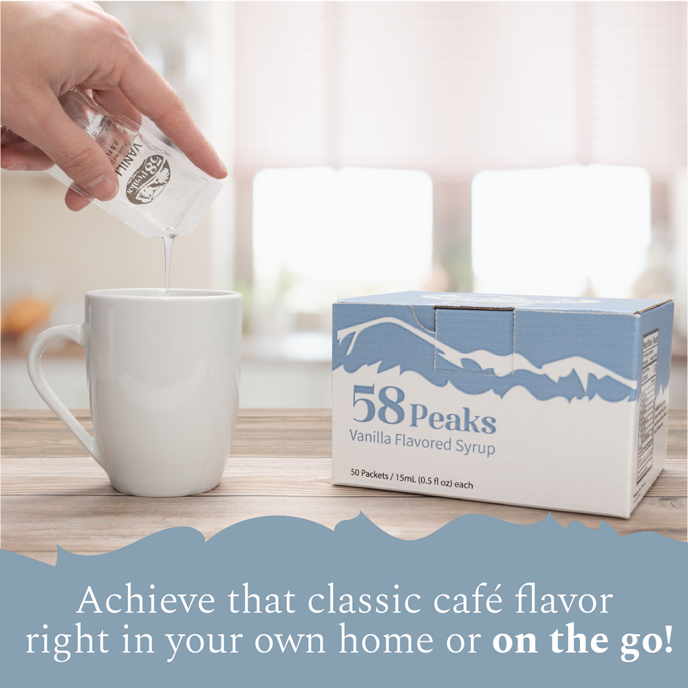 58Peaks Vanilla Coffee Syrup Packets for Travel & On-the-Go Coffee | 15mL TSA-Approved Single Serve Flavor Packets | No Mess Coffee Flavor Syrup | 50 Count