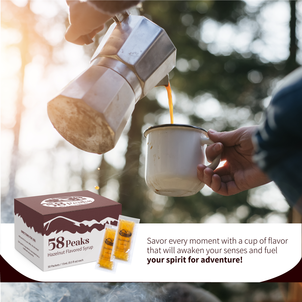 50 Count Hazelnut Syrup Packets for Coffee & Drinks, To-Go Single Serve Flavoring, 15mL, 58Peaks