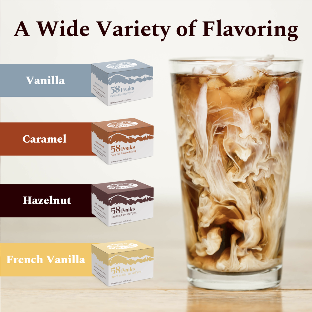 50 Count Hazelnut Syrup Packets for Coffee & Drinks, To-Go Single Serve Flavoring, 15mL, 58Peaks