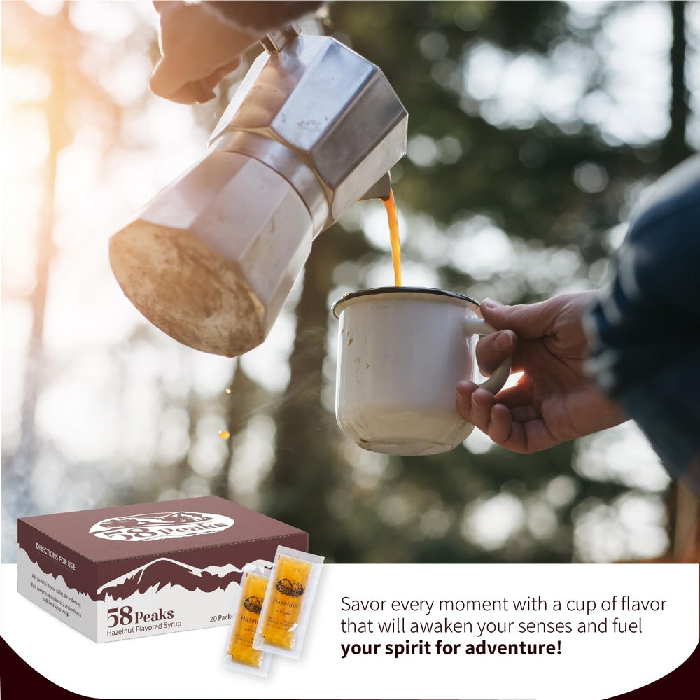 20 Count Hazelnut Syrup Packets for Coffee & Drinks, To-Go Single Serve Flavoring, 15mL, 58Peaks