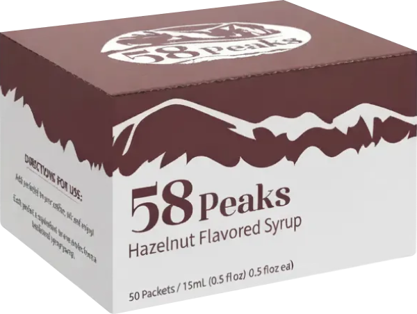50 Count Hazelnut Syrup Packets for Coffee & Drinks, To-Go Single Serve Flavoring, 15mL, 58Peaks