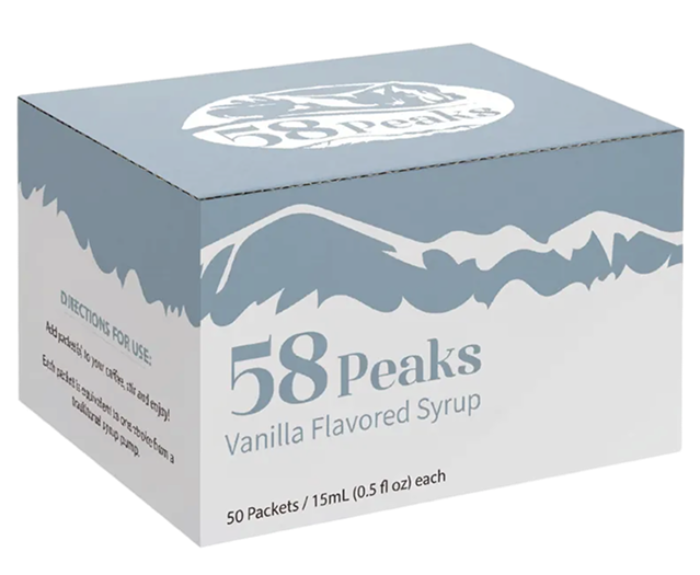 58Peaks Vanilla Coffee Syrup Packets for Travel & On-the-Go Coffee | 15mL TSA-Approved Single Serve Flavor Packets | No Mess Coffee Flavor Syrup | 50 Count