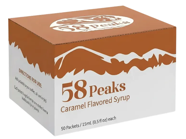 58Peaks Caramel Coffee Syrup Packets for Travel & Daily Coffee | TSA-Approved Single Serve Caramel Flavoring | Portable Café Syrup 15mL Packets | 50 Count
