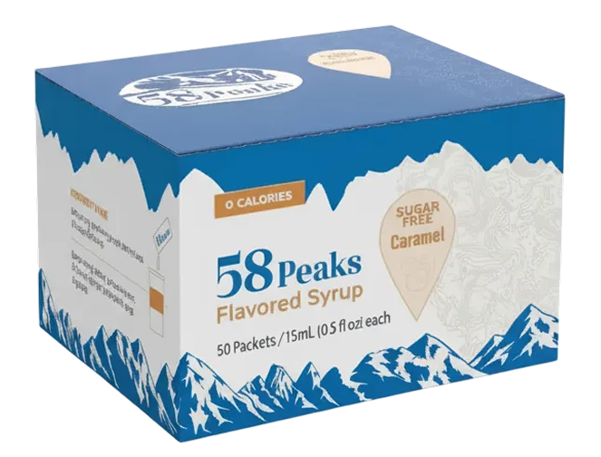 50 Count Sugar-Free Caramel Syrup Packets for Coffee & Drinks, To-Go Single Serve, 15mL, 58Peaks