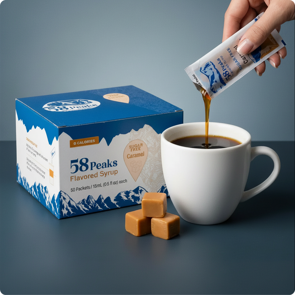50 Count Sugar-Free Caramel Syrup Packets for Coffee & Drinks, To-Go Single Serve, 15mL, 58Peaks