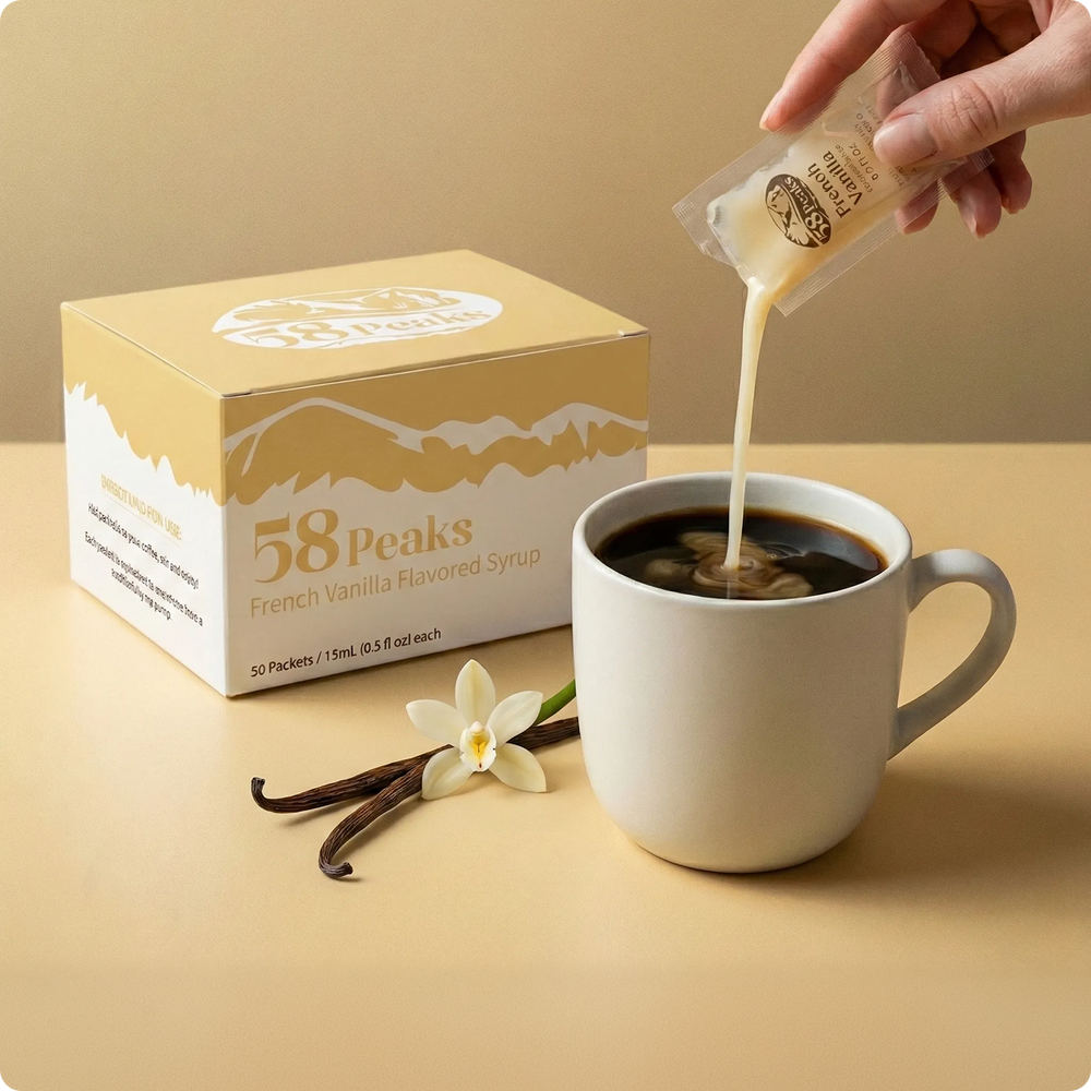 20 Count French Vanilla Syrup Packets for Coffee & Drinks, To-Go Single Serve Flavoring, 15mL, 58Peaks