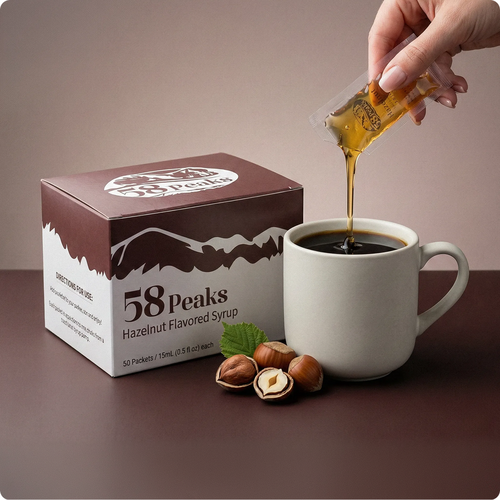 20 Count Hazelnut Syrup Packets for Coffee & Drinks, To-Go Single Serve Flavoring, 15mL, 58Peaks