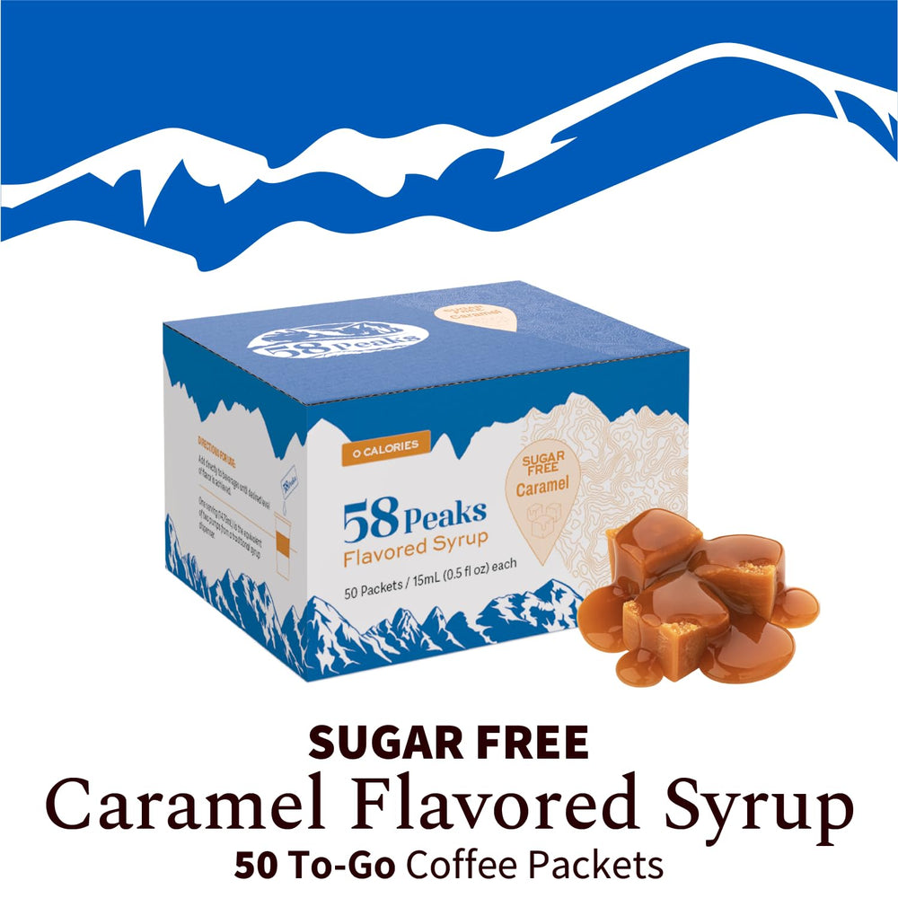 50 Count Sugar-Free Caramel Syrup Packets for Coffee & Drinks, To-Go Single Serve, 15mL, 58Peaks