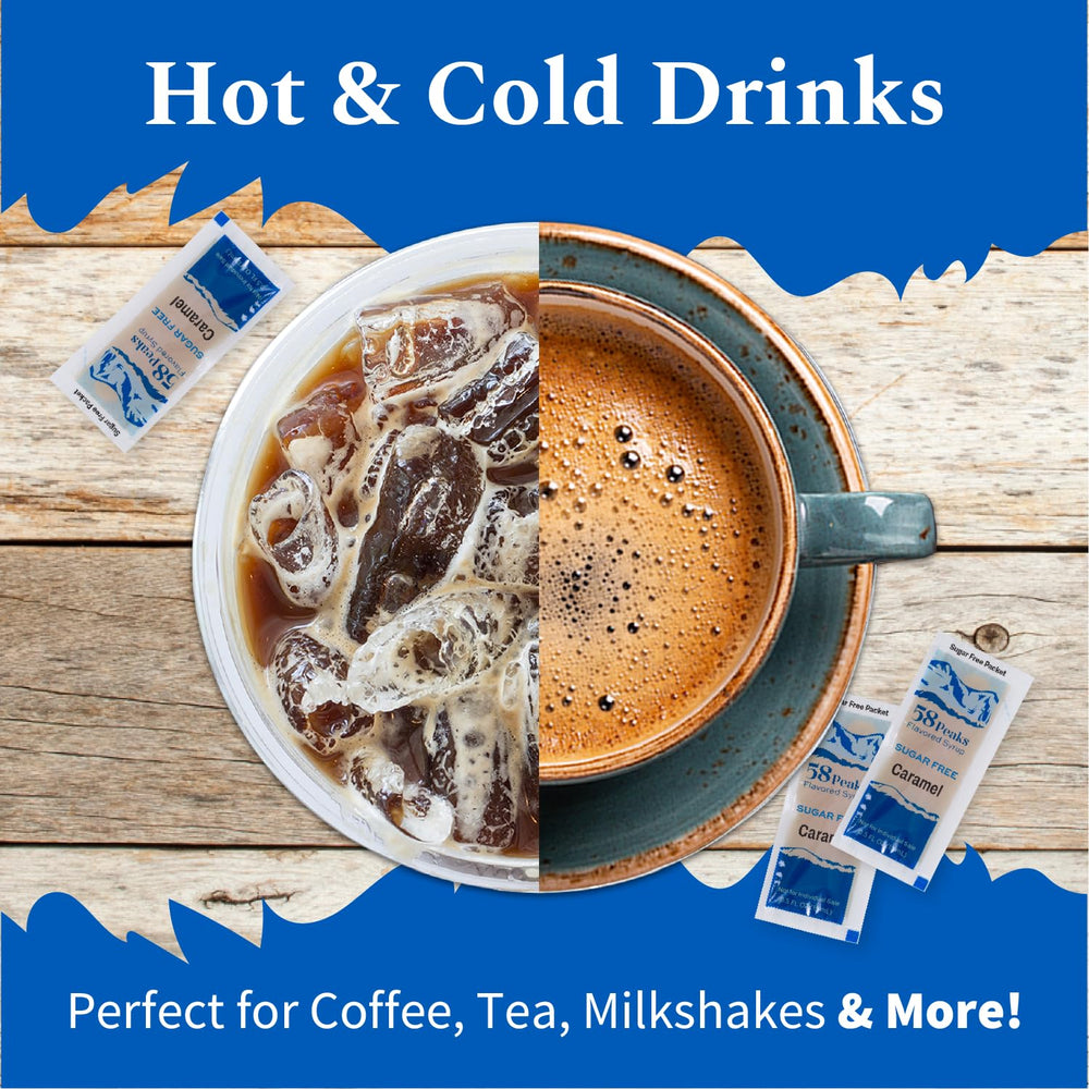 50 Count Sugar-Free Caramel Syrup Packets for Coffee & Drinks, To-Go Single Serve, 15mL, 58Peaks