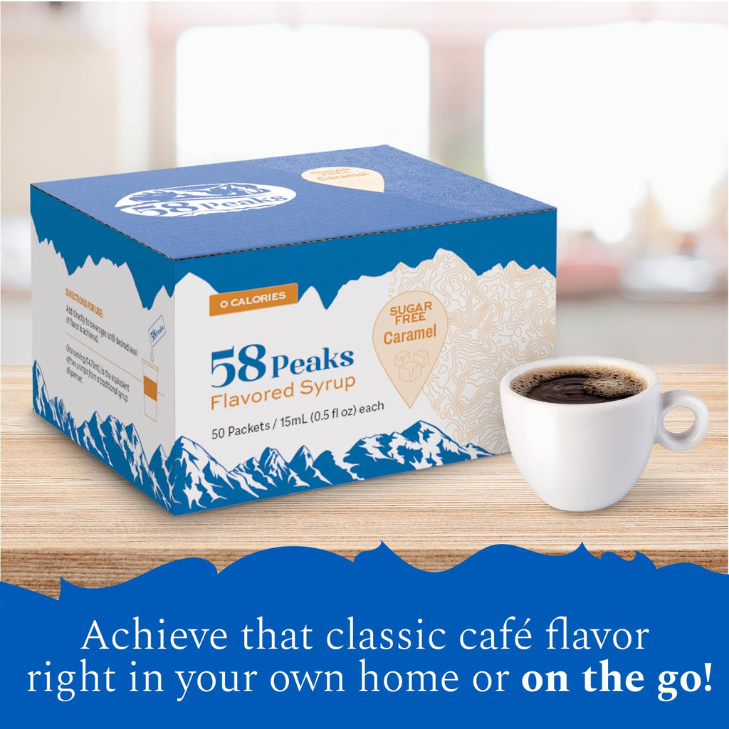 50 Count Sugar-Free Caramel Syrup Packets for Coffee & Drinks, To