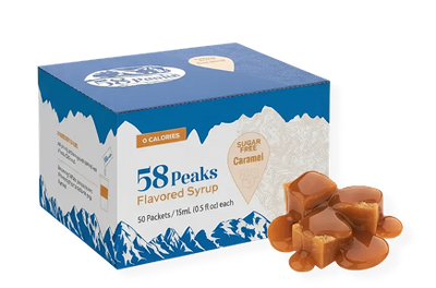58 Peaks Sugar-Free Caramel Coffee Syrup Packets — 50 Single-Serve 15mL