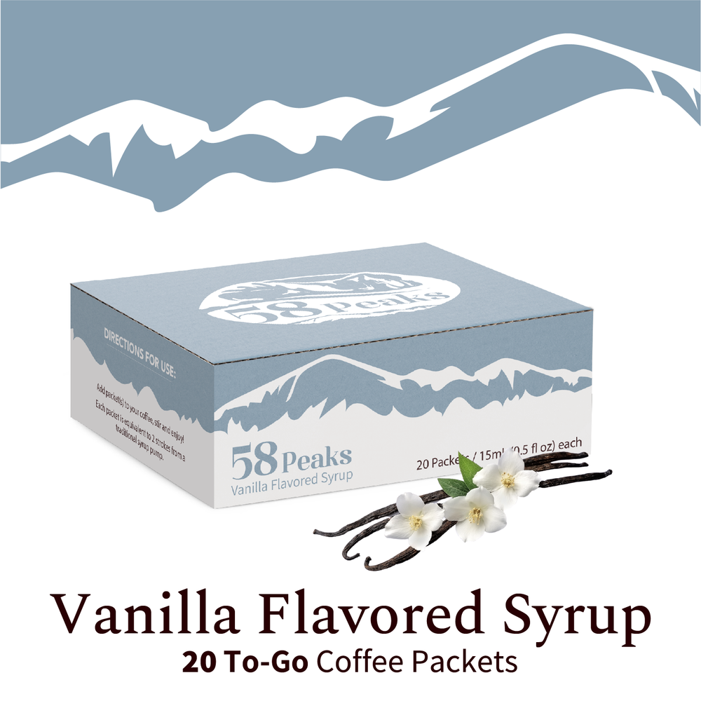 20 Count Vanilla Syrup Packets for Coffee & Drinks, To-Go Single Serve Flavoring, 15mL, 58Peaks