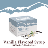 58Peaks Vanilla Coffee Syrup Packets for Travel & On-the-Go Coffee | 15mL TSA-Approved Single Serve Flavor Packets | No Mess Coffee Flavor Syrup | 50 Count