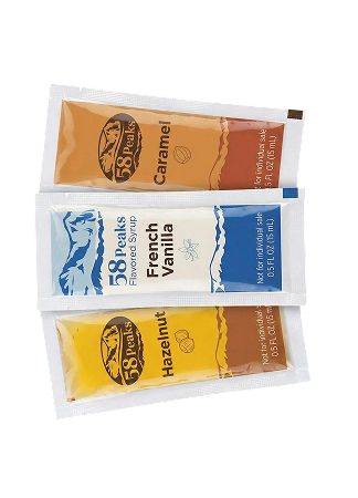 8 Count Variety Flavored Syrup Packets Vanilla Caramel French Vanilla Hazelnut for Coffee & Drinks, 15mL, 58Peaks